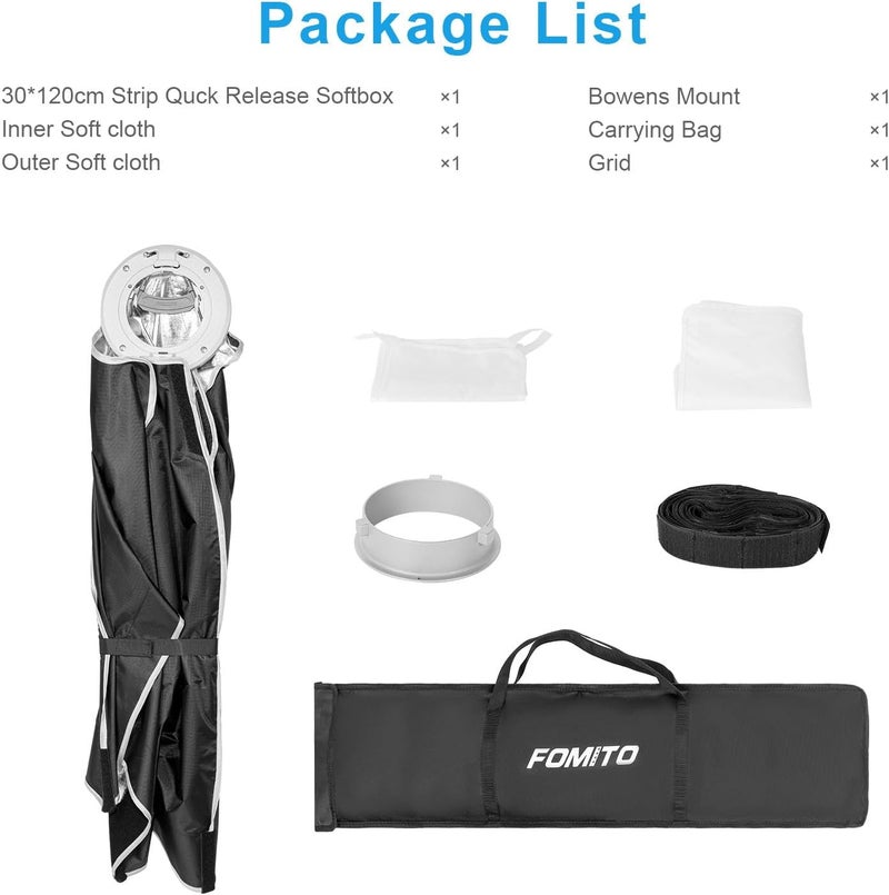 FOMITO 12"x47"/30x120cm Rectangular Softbox, Quick Release Bowens Mount Softbox with Honeycomb Grid, Light Diffusers, Bag for Godox SL-60W SL60IID SL150R SL300R Aputure 120d etc - Image 5